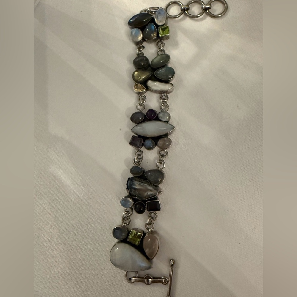 Silpada Sterling Silver Multicolor Pearl, Labradorite, Tourmaline,Stone Bracelet